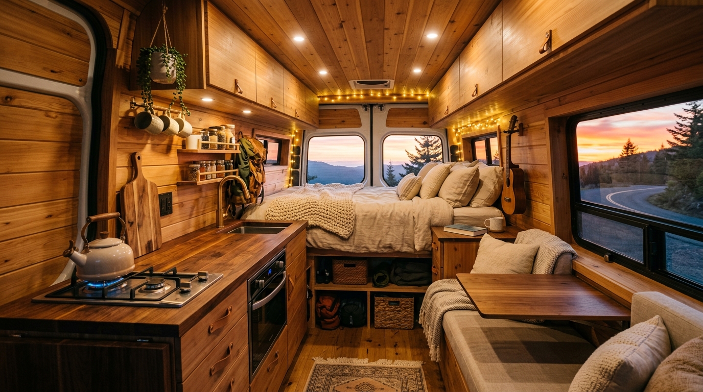 Wnętrze kampera z drewnianą zabudową o zachodzie słońca
