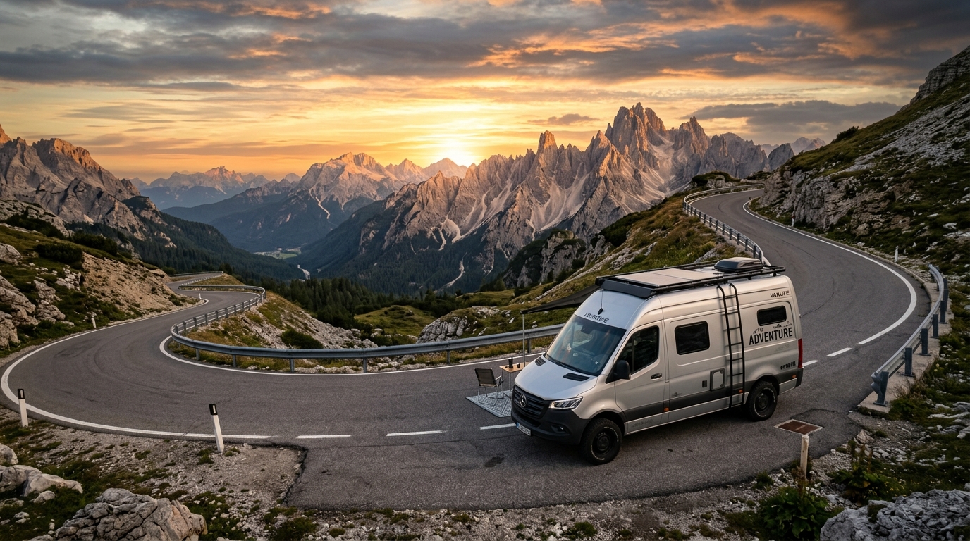 Bus dostawczy na górskiej drodze