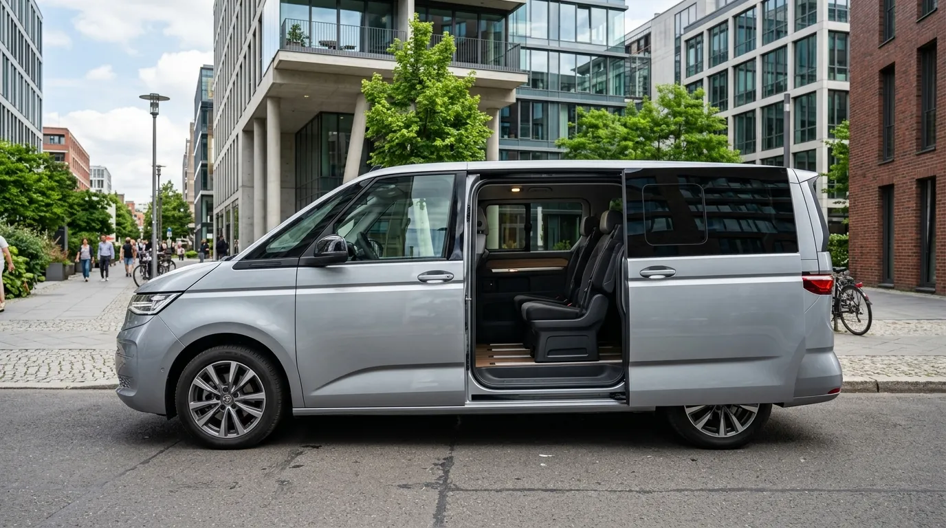 Volkswagen Multivan T7 – widok z boku z otwartymi drzwiami przesuwnymi